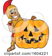 Poster, Art Print Of Spartan Or Trojan Warrior School Mascot Character With A Halloween Pumpkin