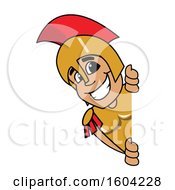 Clipart Of A Spartan Or Trojan Warrior School Mascot Character Looking Around A Sign Royalty Free Vector Illustration by Toons4Biz
