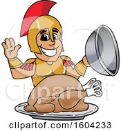 Poster, Art Print Of Spartan Or Trojan Warrior School Mascot Character Serving A Thanksgiving Turkey