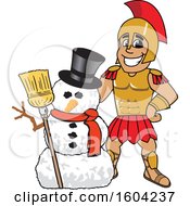 Poster, Art Print Of Spartan Or Trojan Warrior School Mascot Character With A Christmas Snowman
