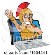 Poster, Art Print Of Spartan Or Trojan Warrior School Mascot Character Emerging From A Computer Screen