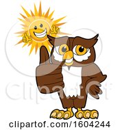 Poster, Art Print Of Brown And White Owl School Mascot Character And Happy Sun Giving Thumbs Up