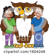 Poster, Art Print Of Brown And White Owl School Mascot Character With Students