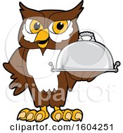 Poster, Art Print Of Brown And White Owl School Mascot Character Holding A Platter