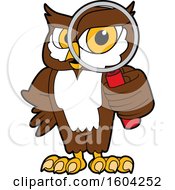 Poster, Art Print Of Brown And White Owl School Mascot Character Looking Through A Magnifying Glass