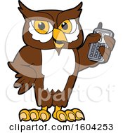 Poster, Art Print Of Brown And White Owl School Mascot Character Holding A Cell Phone