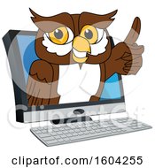 Poster, Art Print Of Brown And White Owl School Mascot Character Emerging From A Computer