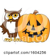 Poster, Art Print Of Brown And White Owl School Mascot Character With A Halloween Pumpkin