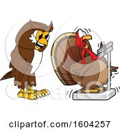 Poster, Art Print Of Brown And White Owl School Mascot Character Watching A Turkey Bird Weigh Itself