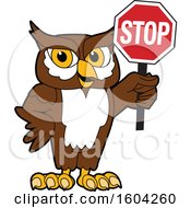Poster, Art Print Of Brown And White Owl School Mascot Character Holding A Stop Sign