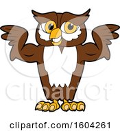 Poster, Art Print Of Brown And White Owl School Mascot Character Flexing His Muscles