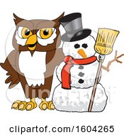 Poster, Art Print Of Brown And White Owl School Mascot Character With A Christmas Snowman
