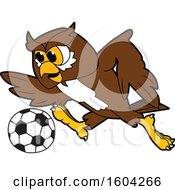 Poster, Art Print Of Brown And White Owl School Mascot Character Playing Soccer