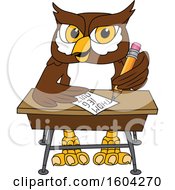 Poster, Art Print Of Brown And White Owl School Mascot Character Writing At A Desk