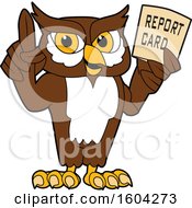 Poster, Art Print Of Brown And White Owl School Mascot Character Holding A Report Card
