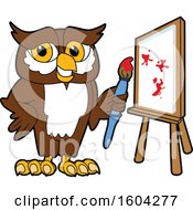 Clipart Of A Brown And White Owl School Mascot Character Painting A Canvas Royalty Free Vector Illustration by Toons4Biz
