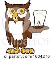 Poster, Art Print Of Brown And White Owl School Mascot Character Holding A Tooth