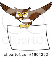 Poster, Art Print Of Brown And White Owl School Mascot Character Flying With A Banner