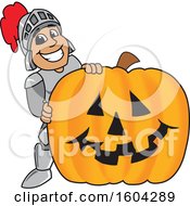 Poster, Art Print Of Knight School Mascot Character With A Halloween Pumpkin