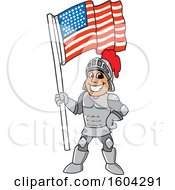 Clipart Of A Knight School Mascot Character Holding An American Flag Royalty Free Vector Illustration