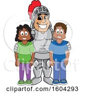 Clipart Of A Knight School Mascot Character With Students Royalty Free Vector Illustration
