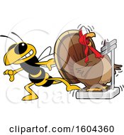 Hornet Or Yellow Jacket School Mascot Character Tricking A Turkey Bird Weighing Itself