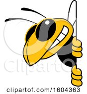 Hornet Or Yellow Jacket School Mascot Character Looking Around A Sign