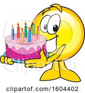 Smiley Emoji School Mascot Character Holding A Birthday Cake by Mascot Junction