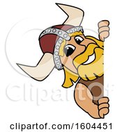 Clipart Of A Male Viking School Mascot Character Looking Around A Sign Royalty Free Vector Illustration