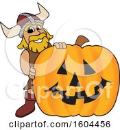 Poster, Art Print Of Male Viking School Mascot Character With A Halloween Pumpkin