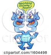 Clipart Of A Blue Two Headed Three Eyed Alien Saying Whats Wrong With Having 3 Eyes Royalty Free Vector Illustration by Zooco