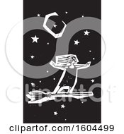 Poster, Art Print Of Witch Standing Upright And Flying On A Broom Against A Night Sky In Black And White Woodcut