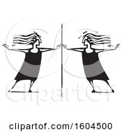 Clipart Of A Woman Facing And Touching Her Reflection In A Mirror In Black And White Woodcut Royalty Free Vector Illustration