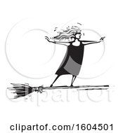 Poster, Art Print Of Witch Standing Upright And Flying On A Broom In Black And White Woodcut