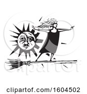 Poster, Art Print Of Witch Standing Upright And Flying On A Broom Against A Sun In Black And White Woodcut