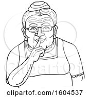 Cartoon Black And White Granny Shushing By Holding A Finger Over Her Mouth