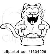 Clipart Of A Cartoon Black And White Kitty Cat With A Bowl Of Food Royalty Free Vector Illustration