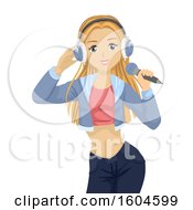 Poster, Art Print Of Happy Blond White Teen Girl Wearing Headphones And Singing