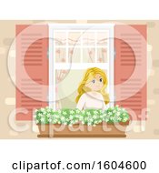 Poster, Art Print Of Happy Blond White Teen Girl In A Window With A Garden Basket
