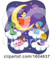 Poster, Art Print Of Female Teacher Sitting On A Moon And Reading A Story To Children On Clouds