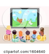 Poster, Art Print Of Rear View Of Children Watching An Animal Cartoon On Tv