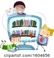 Clipart Of A Group Of Children With Tablets And A Computer With Digital Books Royalty Free Vector Illustration