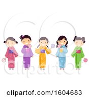 Group Of Japanese Girls Wearing Colorful Kimonos And Holding Fans