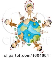 Group Of Native American Children And Tipis Around A Globe
