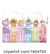 Clipart Of A Sketched Group Of Children At The Top Of Fairy Tale Books Royalty Free Vector Illustration