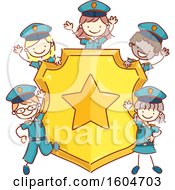 Poster, Art Print Of Sketched Group Of Children In Police Uniforms Around A Badge