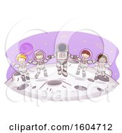 Clipart Of A Sketched Group Of Astronauts Over The Moon Royalty Free Vector Illustration