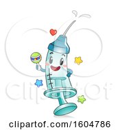 Syringe Mascot With Vaccine Or Medicine Holding A Rattle