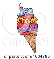 Clipart Of A Waffle Cone With Ice Cream Social Text Royalty Free Vector Illustration