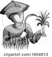 Poster, Art Print Of Grayscale Male Farmer Holding A Sickle And Freshly Harvested Rice